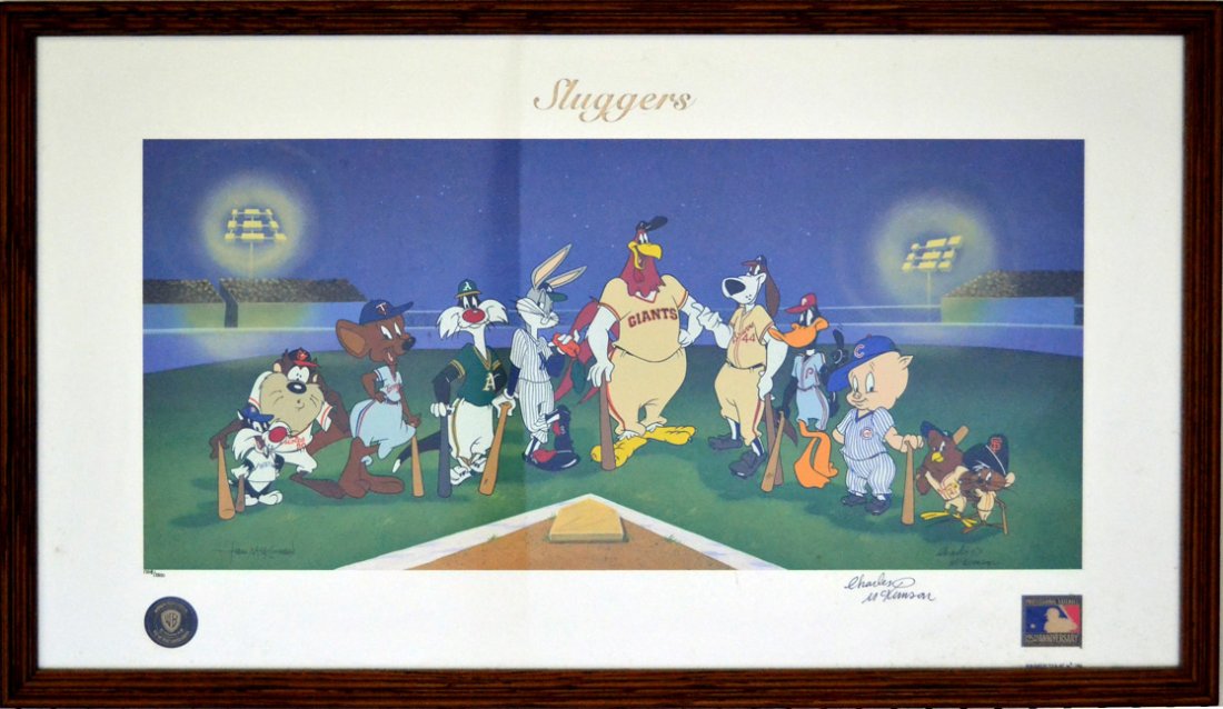 Framed Warner Brothers "Sluggers" poster: Framed Warner Brothers "Sluggers" poster by Charles McKimson, for Professional Baseballs 125th Anniversary, 1994, Limited Edition #1708 of 2500, signed by Charles McKimson, frame size 21" x 35"