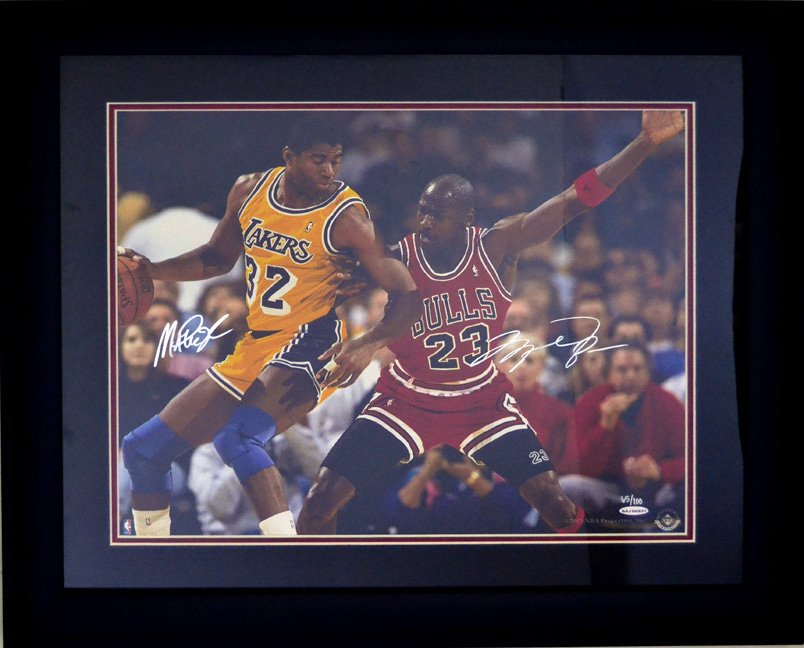 Magic Johnson and Michael Jordan signed photo: Magic Johnson and Michael Jordan dual signed 16" x 20" photograph, 32237-FG, Limited Edition of 100, number 65 of 100, COA by Upper Deck BAJ06837, framed and double matted, size 23 1/2" x 27 1/2"
