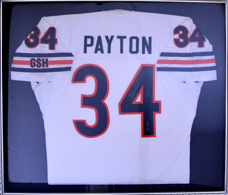 Autographed Walter Payton jersey: Autographed Walter Payton jersey, framed, signed Walter Payton with his number of career yards 16,726, frame size 34" x 36"
