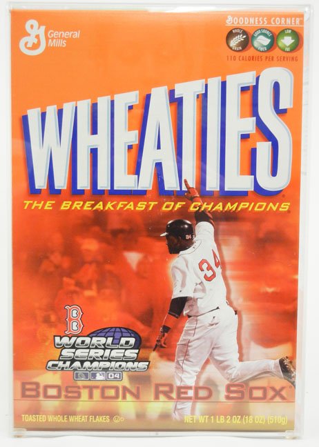 2004 Boston Red Sox World Series Wheaties box: 2004 Boston Red Sox World Series Champions Wheaties box encased in plexiglass