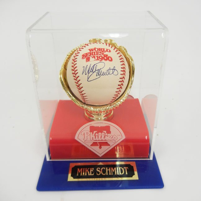1980 World Series baseball signed: 1980 World Series baseball, with MLB coa sticker, signed by Mike Schmidt, in Phillies plexiglass display