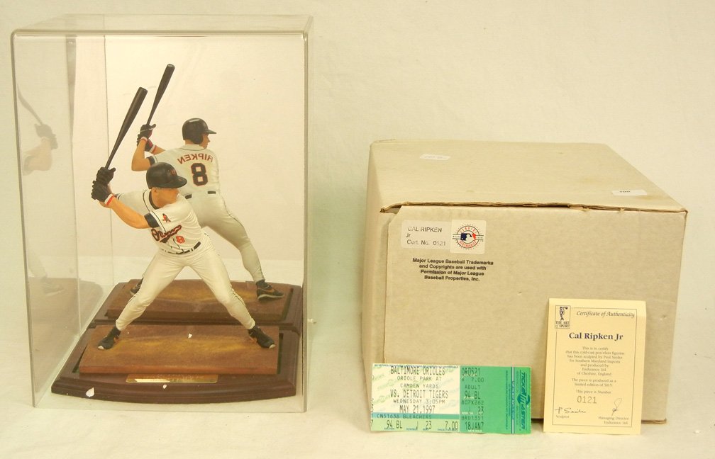 The Art of Sport Cal Ripken, Jr. figure: The Art of Sport Cal Ripken Jr. figure, Limited Edition 121/500, with ticket stub Orioles vs. Tigers May 21, 1997, with display case