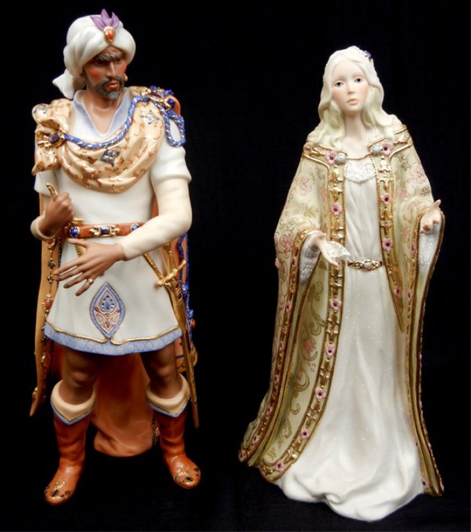 Two Cybis porcelain figurines: Two Cybis porcelain figurines, "Desdemona", No. 364 out of 500, marked on back "Cybis, copyright USA, TM, 364, 1982", 14" high, and "Othello" No. 93 out of 350, marked on back "Cybis U.S.A., 93" impre