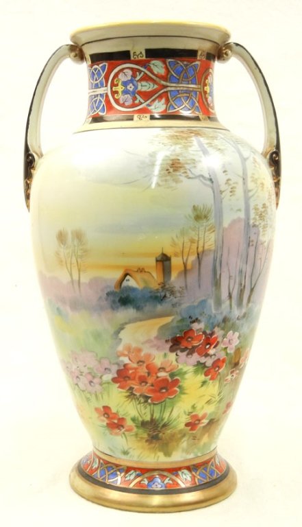 Hand painted gilt enameled Nippon vase: Hand painted gilt enameled Nippon vase, double handled, landscape decoration, green wreath mark on bottom, ca. 1911-1921, 15" high