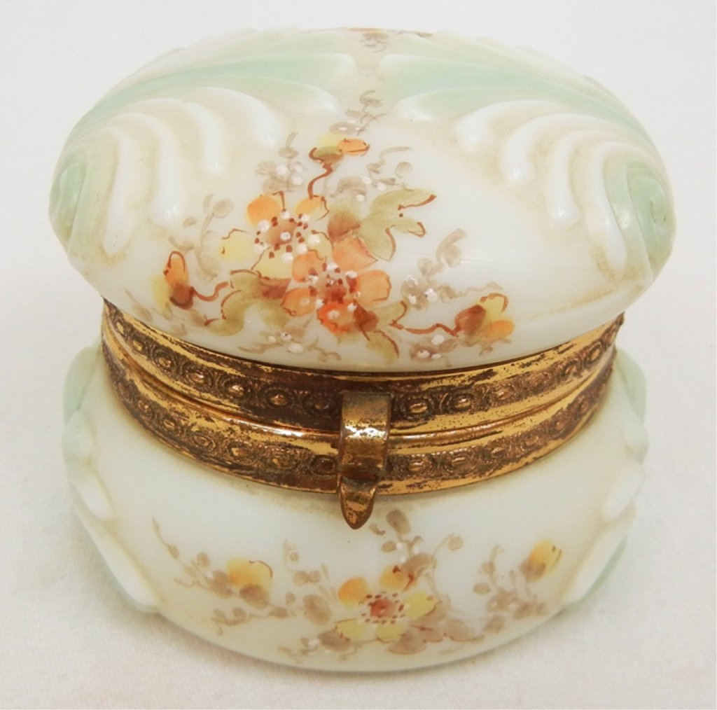 Wavecrest glass dresser box: Wavecrest glass dresser box, floral decoration, shell design, round form, hinged lid, marked on base, cloth lined, 2 3/4" high x 3 1/4" across