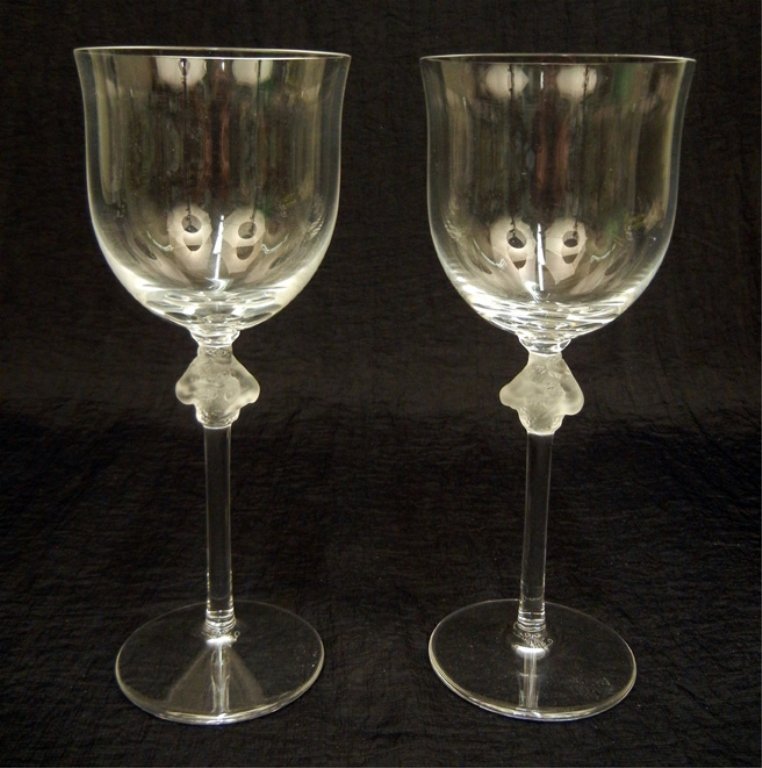 Pair of Lalique "Roxanne" crystal wines: Pair of Lalique "Roxanne" crystal burgundy wines, script signature on bottoms, 7 1/2" high