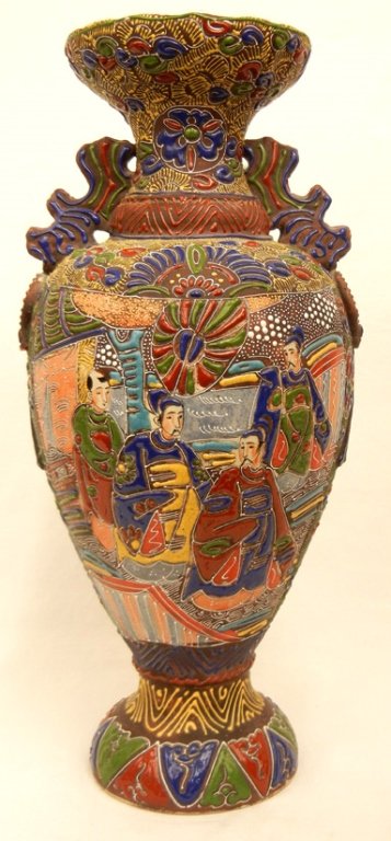 Large satsuma vase: Large Satsuma vase, earthenware, figural scenes, double handled, scalloped rim, unmarked, 18" high