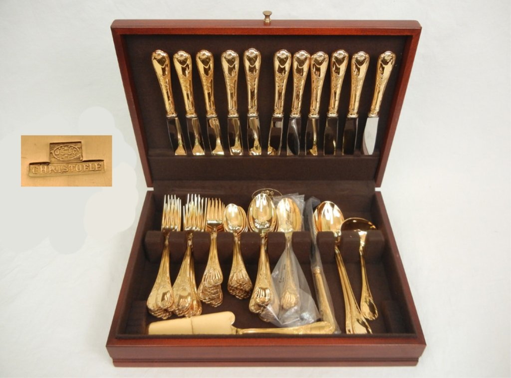 Christofle France "MarlyGold" gold plated flatware set