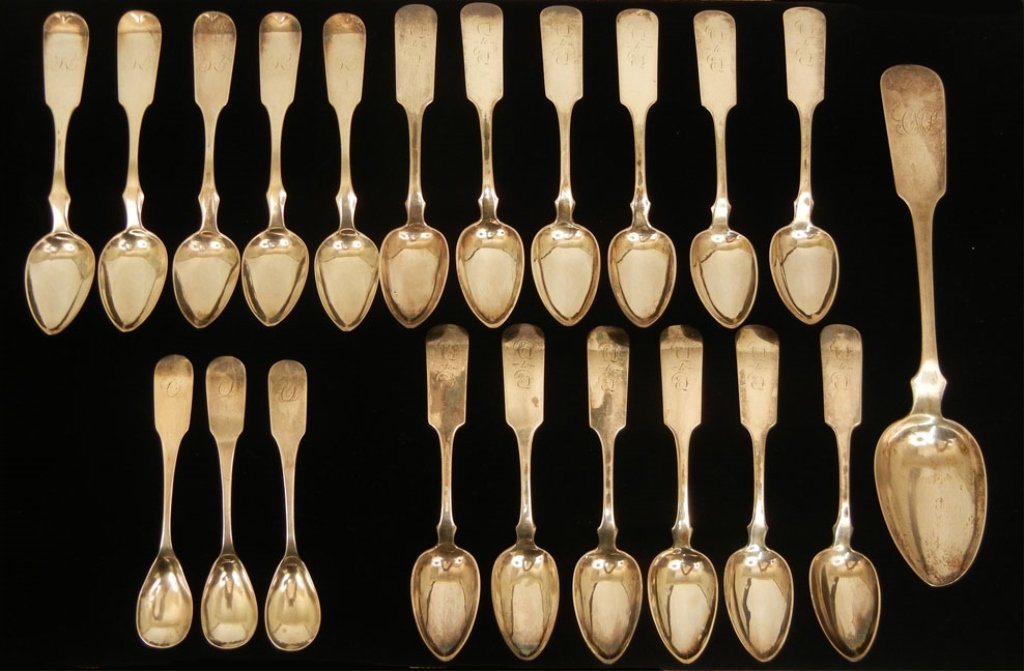 Grouping of R&W Wilson coin silver teaspoons: Grouping of R&W Wilson coin silver teaspoons and one Hildeburn Philadelphia coin silver serving spoon, 9 1/4" long, all hallmarked on back, teaspoons range in size 5 1/8", 5 3/4" and 5 7/8", all are m