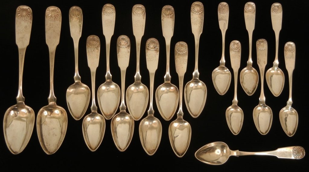 R&W Wilson coin silver spoons: R&W Wilson coin silver spoons, shell design on handle, monogrammed SSR, hallmarked on back, two large serving spoons, 9" long, one tablespoon, 6 3/4" long, nine tablespoons 7" long, and six teaspoons 