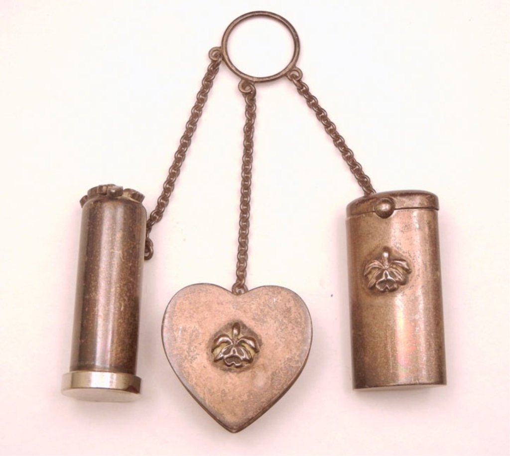 Georg Jensen USA compact set: Georg Jensen USA sterling silver compact set, finger ring with three pieces including lipstick holder, 2" long, heart shaped compact, 1 3/8" long x 1 3/8" wide, and perfume holder with glass bottle in