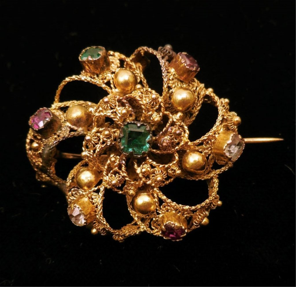 Victorian gold hair pin: Victorian handmade 14k gold pin with colored stones, 1 1/8" wide, stones are bezel set with closed backs and are a combination of gemstones and paste, small oval compartment on back for hair, weight 6