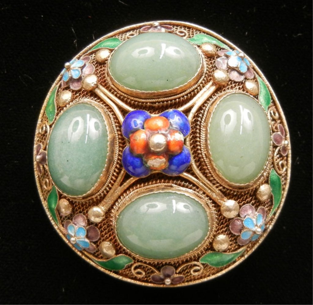 Chinese silver pin: Chinese sterling silver vermeil filigree round pin with polychrome enameling and four oval crysophase, 1 5/8" diameter, marked Silver, weight 15.6 grams, mid 20th C.