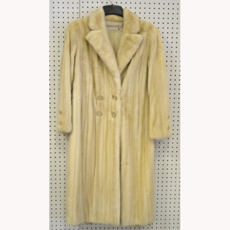 Cream color mink coat: Full length cream color mink coat, 45" long from nape to hem, 24 " long sleeves, double breasted with mother of pearl buttons, Victor Sacks Philadelphia, size small, mid 20th C.