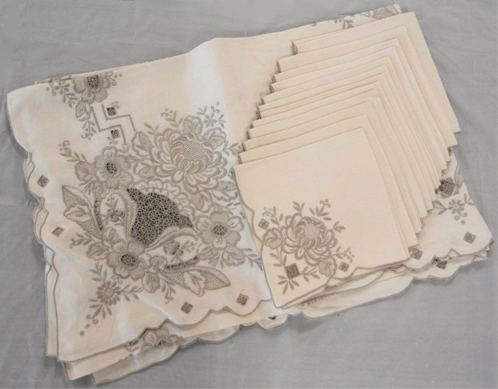 Linen tablecloth and towels: Madeira fine linen tablecloth, hand embroidery and cut work, 98" long x 87" wide; pair of hand embroidered linen tea towels, 41" long x 22" wide, early 20th C.