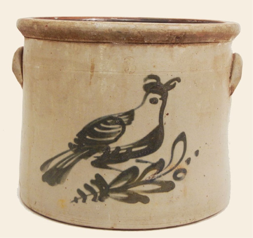 Two gallon stoneware crock: Two gallon stoneware crock, attributed to Fulper, with cobalt distelfink on front, impressed number 2 along top, ear handles, hand scratched "Fulper" and "Bell" on bottom, and scratched "73" on front 