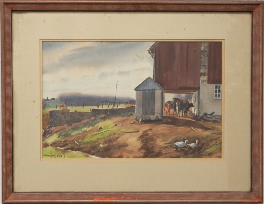 Ranulph Bye watercolor on paper: Ranulph Bye watercolor on paper, barn yard scene, signed lower right, 20th C. American, sight size 13 3/4" high x 21 1/4" across, frame size 23 1/2" high x 30 1/4" across