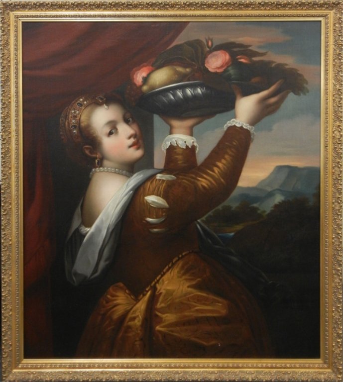 Continental School oil on canvas: Continental School oil on canvas, young lady holding bowl with scenic view through window , 19th C., sight size 40" high x 34" across, frame size 44 1/2" high x 38 1/2" across