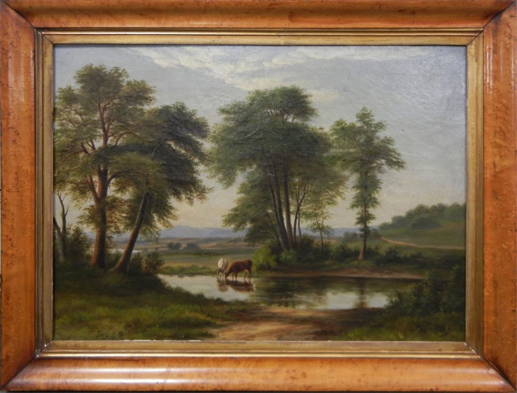American School oil on canvas: American School oil on canvas, pastoral scene, in bird's eye maple frame, 19th C., sight size 18" high x 24" across, frame size 23" high x 28" across