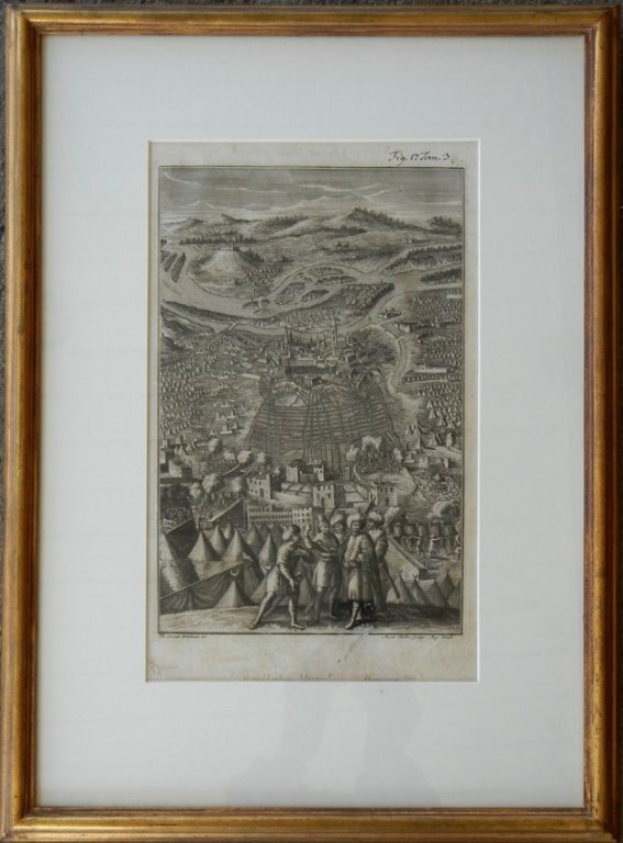 Intaglio engraving: Intaglio engraving , Turkish siege, sight size 14 1/2" high x 8 1/2" across, frame size 22 3/4" high x 16 1/2" across, attached paper with writing on verso