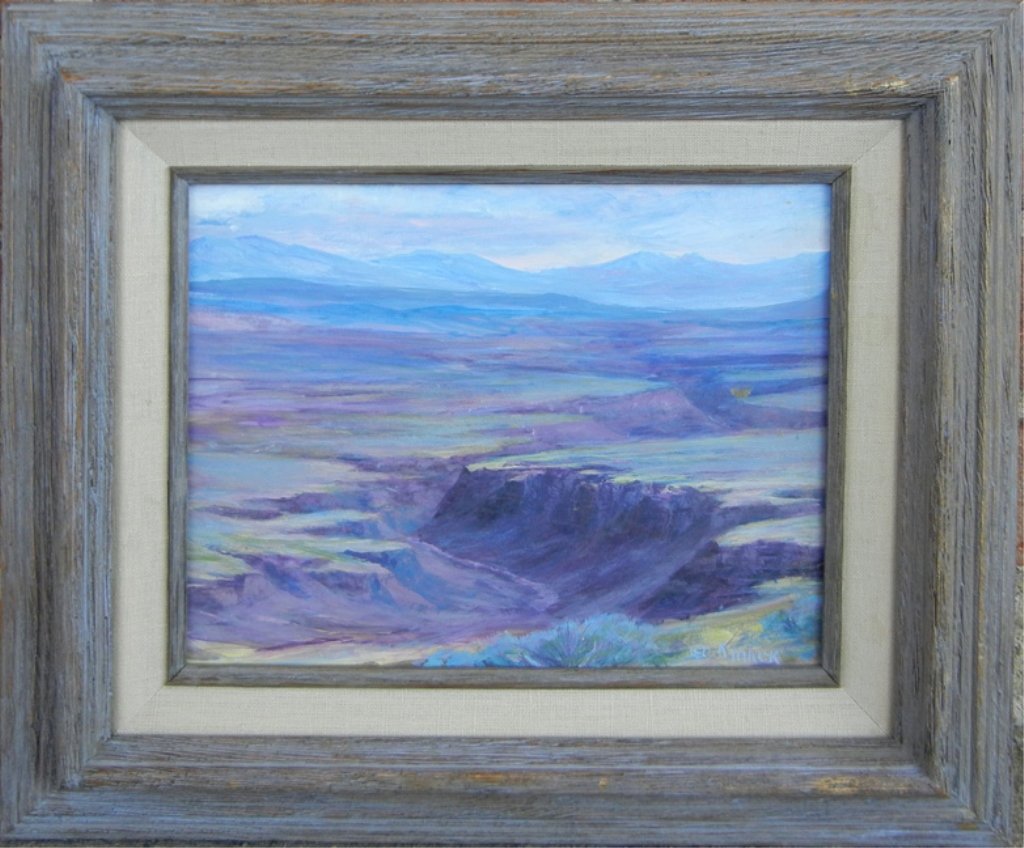 K. (Karol) Mack oil on board: K. (Karol) Mack oil on board, "New Mexico Canyon - Rio Grande Gorge", with attached artists brochure on verso, signed lower right, 20th - 21st C. American, sight size 8" high x 9 3/4" across, frame si