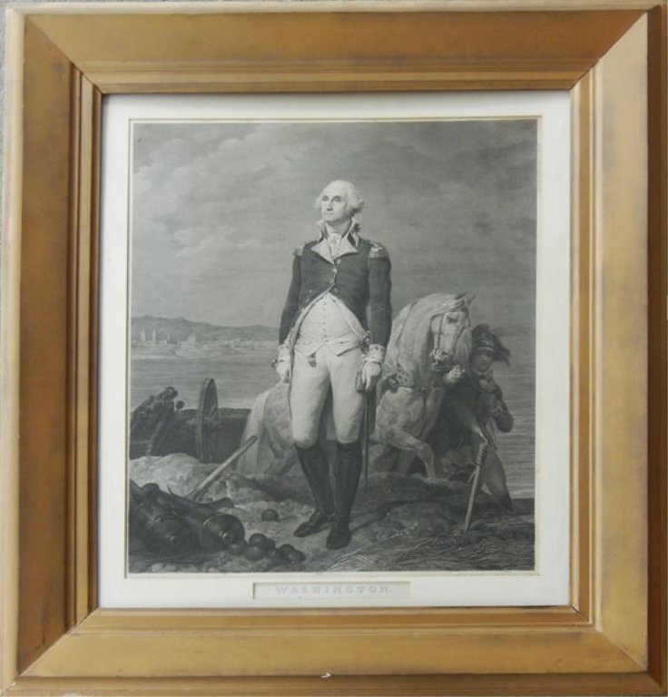 Laugier engraving of George Washington: Engraving on paper of George Washington, original painting by Cogniet 1831, engraved by (Jean Nicolas)Laugier 1839, the head from the original painting by Stewart, signed, 19th C., sight size 25 1/2"