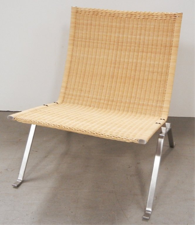 Fritz Hansen Denmark for Knoll Studio chair: Fritz Hansen Denmark for Knoll Studio wicker and stainless steel lounge chair, 28" high x 25" x 28", labels on bottom