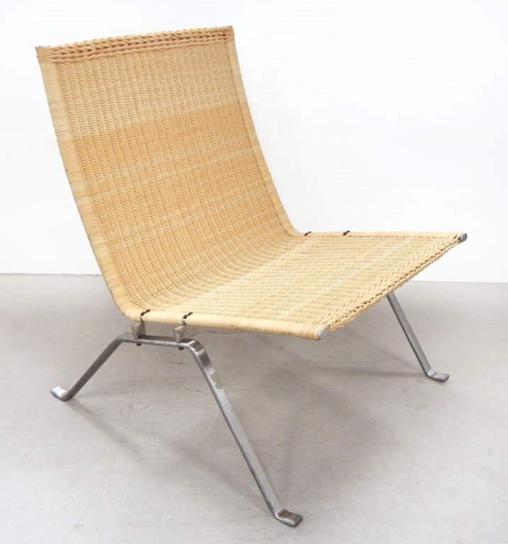 Fritz Hansen Denmark for Knoll Studio chair: Fritz Hansen Denmark for Knoll Studio wicker and stainless steel lounge chair, 28" high x 25" x 28", labels on bottom