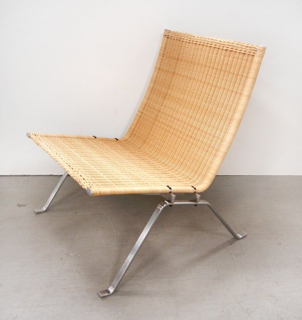 Fritz Hansen Denmark for Knoll Studio chair: Fritz Hansen Denmark for Knoll Studio wicker and stainless steel lounge chair, 28" high x 25" x 28", labels on bottom