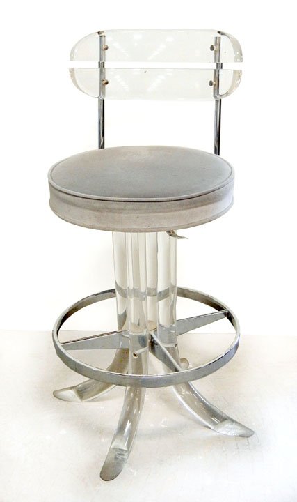 Mid C. Modern lucite bar stool: Mid C. Modern lucite bar stool with upholstered seat cushion, 32 1/2" x 17"