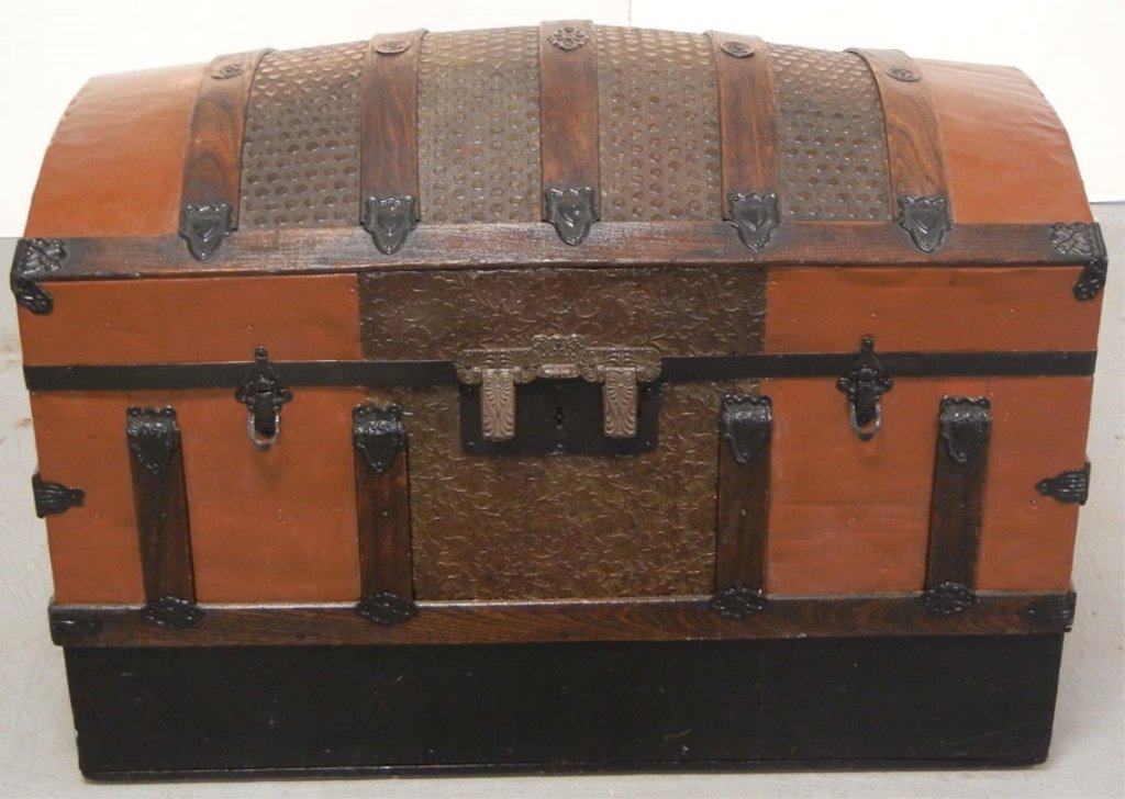 Restored hump back trunk: Restored hump back trunk, wood and tin slatted, with insert, 25" high x 38" x 21"