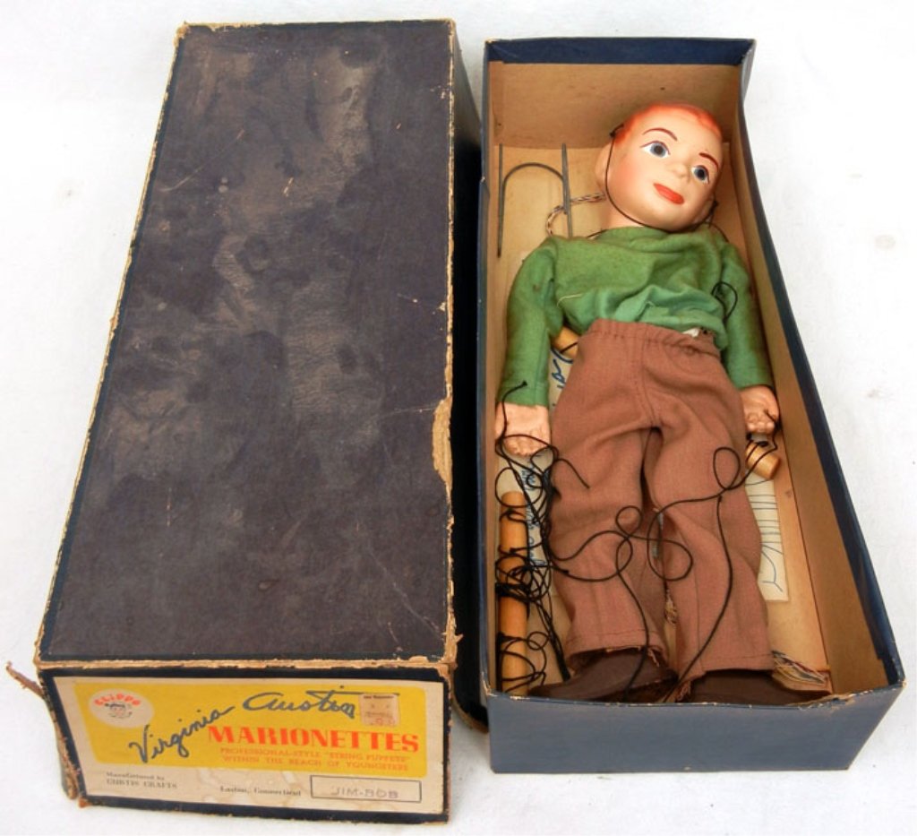 V. Austin Marionette "Jim-Bob": V. Austin marionette "Jim-Bob" in original box with instructions, marked on back of head "Jim-Bob copyright, V .Austin" with strings and handles attached