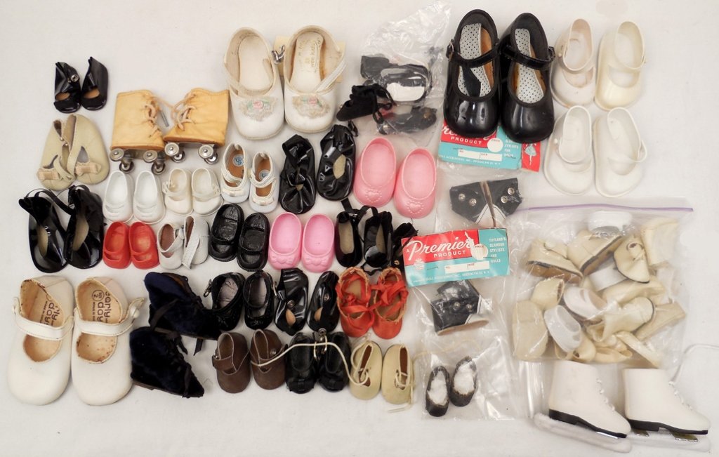 Grouping of doll shoes: Grouping of doll shoes, assorted sizes, including leather, plastic and more, some marked