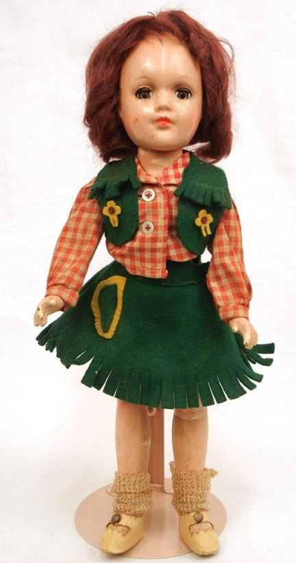 Mary Hoyer composition doll: Mary Hoyer composition doll, 14", blue sleep eyes, painted and applied lashes, painted closed mouth, wearing shirt, vest, skirt, underwear, socks, and shoes, marked on back, needs some tlc