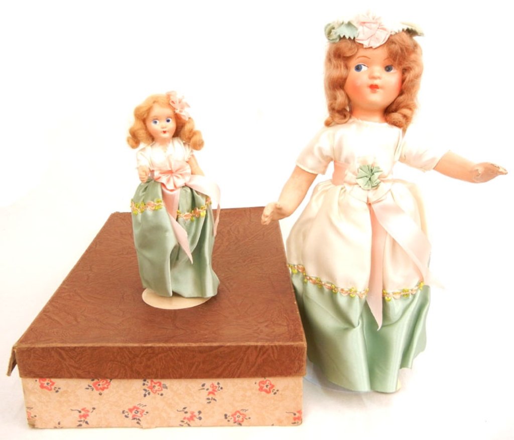 1930's-40's compo Mother & Daughter set: 1930's-40's composition Mother and Daughter set in original box, wearing matching outfits, painted features, unmarked, daughter is hard plastic, 13 1/2" high and 7 1/2" high