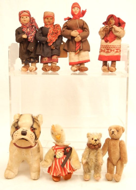 Small grouping of four early cloth Russian dolls: Small grouping of four early cloth Russian dolls, two vintage bears, and a 1960's dog and Steiff Kiki duck, one bear tagged "Made by Veneta Smith", one Russian doll with hang tag "Russian Peasant, Phi