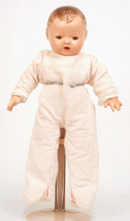 1940's Effanbee Dydee type doll: 1940's Effanbee Dydee type doll, composition head and hands, cloth body, brown sleep eyes, painted and applied lashes, open mouth, molded hair, unmarked, 13 1/2"