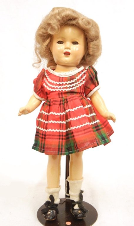 14" composition Ideal Shirley Temple doll: 14" composition Ideal Shirley Temple doll, brown sleep eyes, applied lashes, open mouth with upper teeth, faint mark on back of head, "13" on back