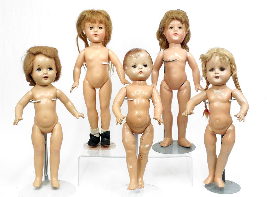 Five all composition jointed dolls: Five all composition jointed dolls, 17" Arranbee Nancy, two marked Effanbee USA, one marked "17" on back, and one 16" marked "EffandBee" on back with molded hair