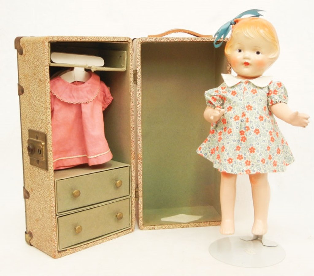 1930's-40's compo doll in trunk: 1930's - 40's composition doll in trunk, Horsman or Arranbee Patsy type doll with clothes, unmarked, 13", painted features, hole on head for bow, wearing dress and slip, with two extra dresses, trunk 