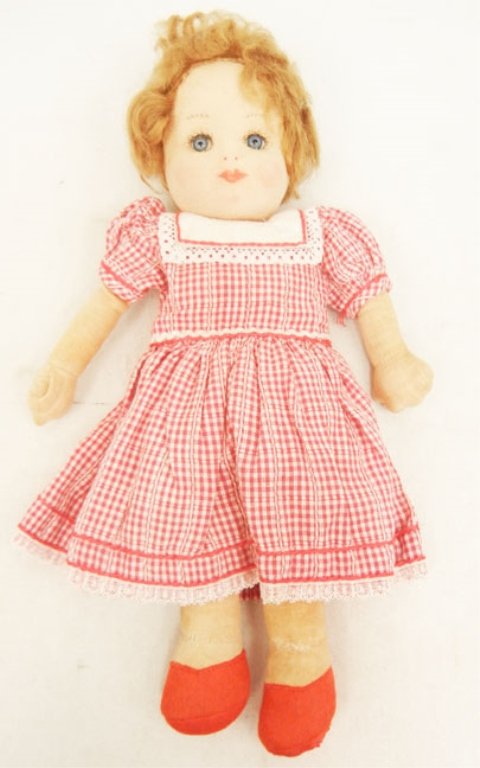 1930-40's Chad Valley glass eyed doll: 1930-40's Chad Valley glass eyed doll, with original button and cloth label on back, 12" high, wearing dress, slip and pantaloons, felt head and cloth body