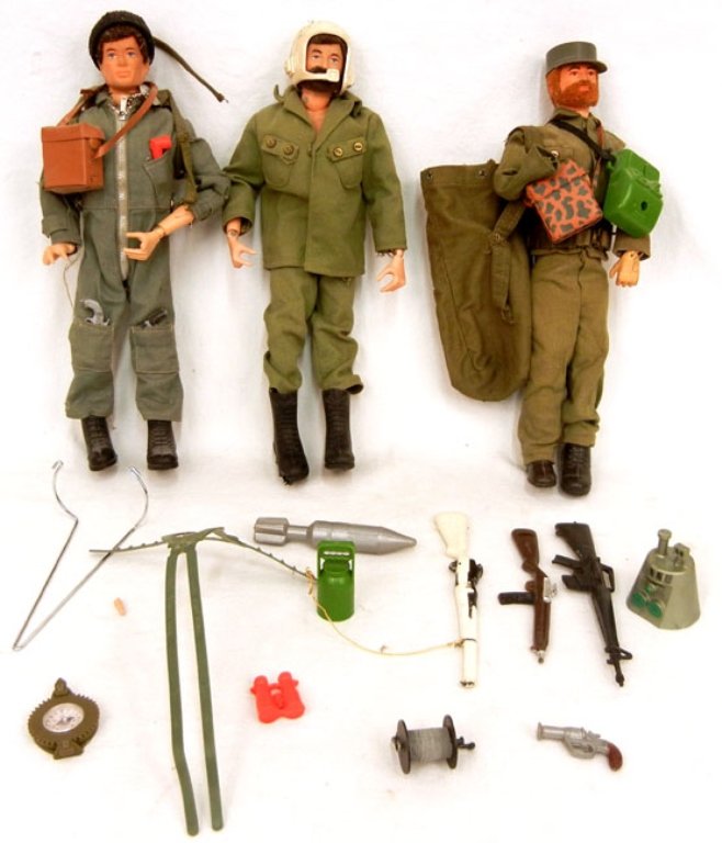 Three G.I. Joe Action figures, Hasbro 1964: Three G.I. Joe Action figures, Hasbro 1964, with some accessories including ruck sack, guns, helmet, hat, flashlight, compass, missile, binoculars, radio active material, spool of wire, and more, one 