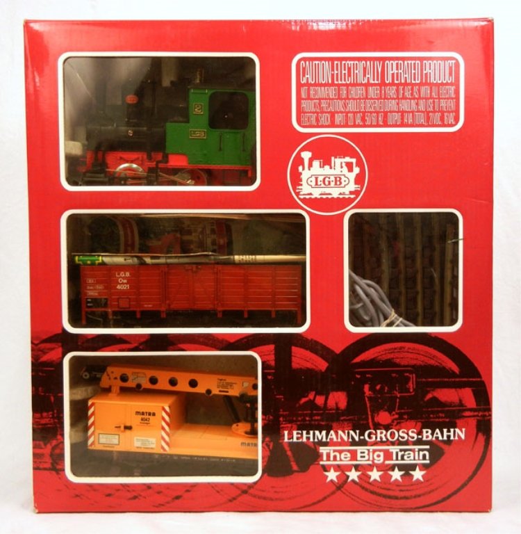 Lehmann LGB The Big Train set in box: Lehmann LGB The Big Train set in box, Goods Train Set No. 20501, engine with two cars, track, transformer, and two conductors, with booklets, in working order, 22 1/2" x 21 1/4" x 6"