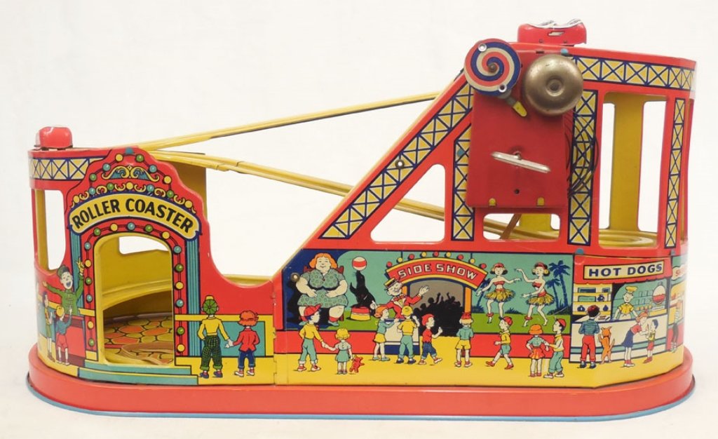J. Chein Roller Coaster: J. Chein Roller Coaster, tin litho, wind up, with two cars, 10" high x 19" across