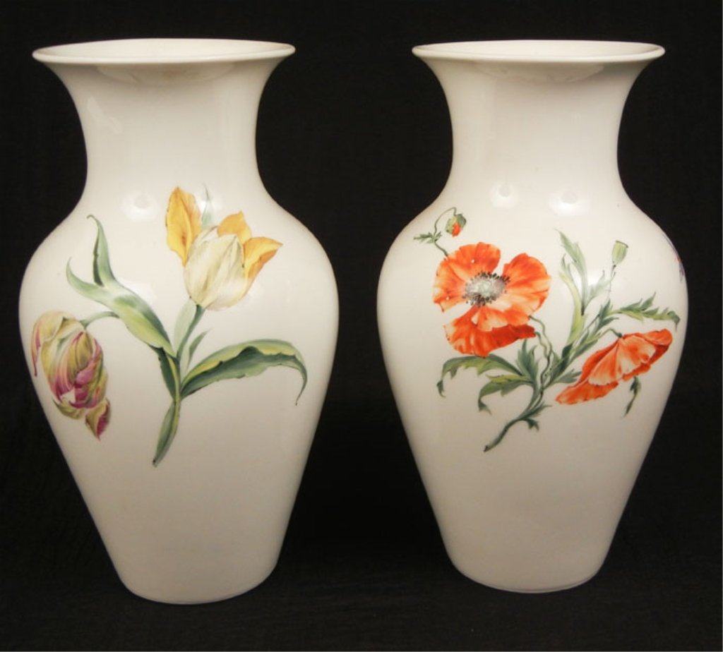 Pair of Royal Manufactory (KPM) porcelain vases: Pair of Royal Manufactory (KPM) porcelain vases, hand painted floral decoration, cobalt underglaze scepter mark, red overglaze KPM orb stamp, numbered 179/2014, '93, 11" high