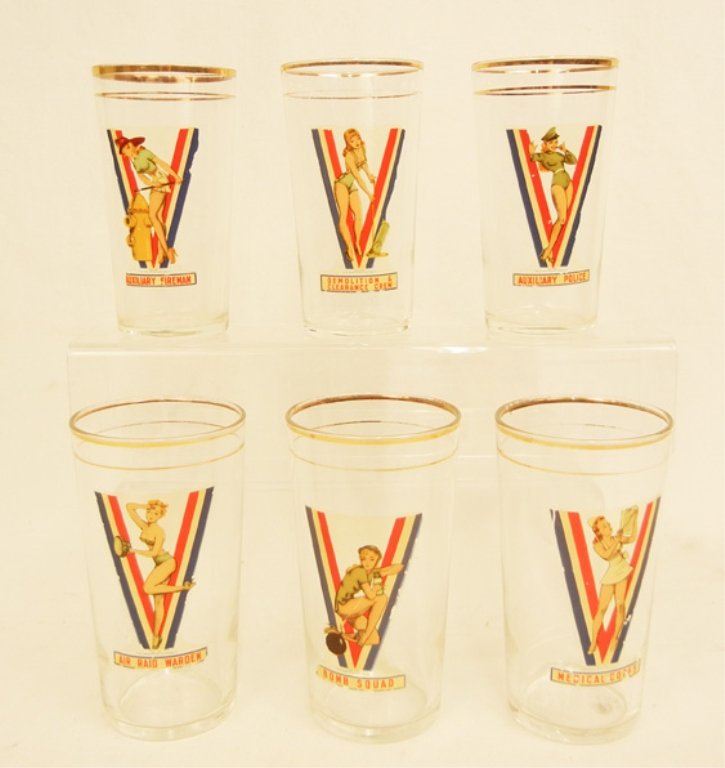 Set of six WWII Victory glass tumblers: Set of six WWII Victory glass tumblers, Philip Ronald Products Co. Chicago, Il, copr 1942, each with a different decal depicting military pin-up girl, 5" high