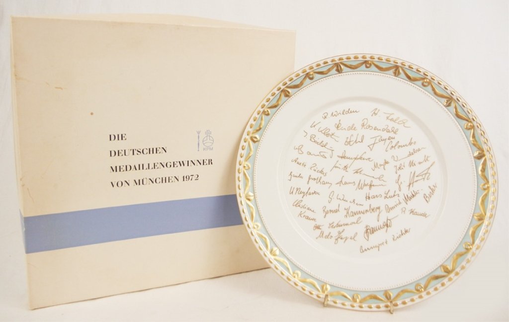 KPM wall plate: KPM wall plate "Die Deutschen Medaillengewinner Von Munchen 1972", 1972 Olympic Team signed, cobalt underglaze scepter mark and green overglaze KPM orb stamp on back, with box, 11 1/4" diameter