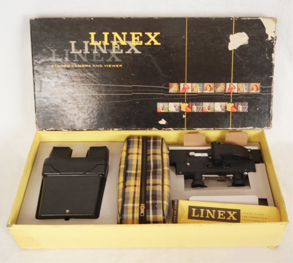 Boxed Lionel Linex Stereo Camera and Viewer: Boxed Lionel Linex Stereo Camera and Viewer, included carrying case and viewing slides in original package, with 2000 receipt from Cameta Camera, Amityville, NY, camera measures 6 1/2" across, box mea