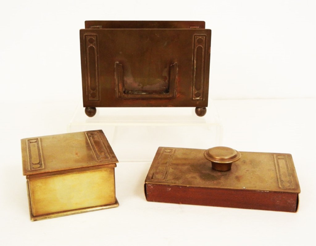 Bradley & Hubbard three piece bronze desk set: Bradley & Hubbard three piece desk set, set includes inkwell with glass liner, 1 3/4" high, letter stand with calendar holder, 3 3/4" high, and blotter, 5 1/4" long, letter holder marked on bottom, ca