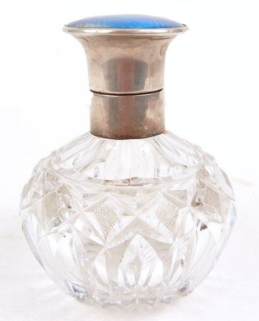 W.G. Sother & Co. Ltd. crystal guilloche perfume bottle: W.G. Sother & Co. Ltd crystal guilloche perfume bottle, sterling silver top, blue guilloche lid, lid hallmarked, Birmingham, England, ca. 1909, 4 1/2" high
